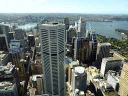 The MLC Centre and other skyscrapers in the city center, the Sydney Harbour, the Sydney Opera House, the Sydney Harbour Bridge and the Royal Botanic Gardens, viewed from the Sydney Tower