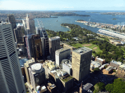 The MLC Centre and other skyscrapers in the city center, the Sydney Harbour, the Sydney Opera House, the Royal Botanic Gardens, Garden Island and the Finger Wharf, viewed from the Sydney Tower