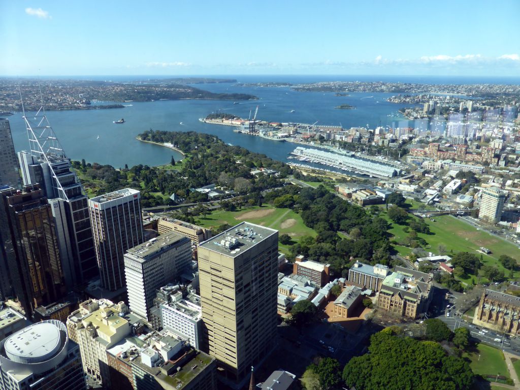 The MLC Centre and other skyscrapers in the city center, the Sydney Harbour, the Sydney Opera House, the Royal Botanic Gardens, Garden Island and the Finger Wharf, viewed from the Sydney Tower
