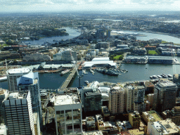 Skyscrapers in the city center, Darling Harbour, Pyrmont Bay, the Pyrmont Bridge over Cockle Bay, the Australian National Maritime Museum, Blackwattle Bay and the Anzac Bridge Sydney over Johnstons Bay, viewed from the Sydney Tower