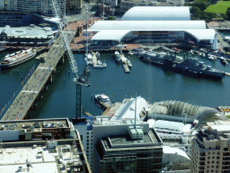 Darling Harbour, the Pyrmont Bridge over Cockle Bay, the Australian National Maritime Museum and the Sea Life Sydney Aquarium, viewed from the Sydney Tower