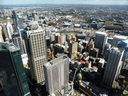 Skyscrapers in the city center, the Queen Victoria Building, the Sydney Town Hall and St. Andrew`s Cathedral, viewed from the Sydney Tower