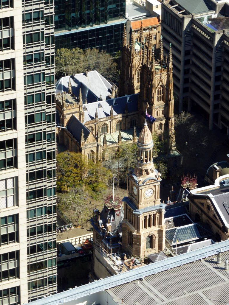 The Sydney Town Hall and St. Andrew`s Cathedral, viewed from the Sydney Tower