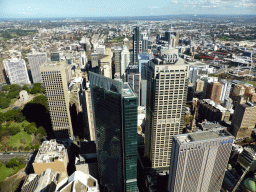 Skyscrapers in the city center, Hyde Park with the ANZAC War Memorial, the Sydney Town Hall and St. Andrew`s Cathedral, viewed from the Sydney Tower