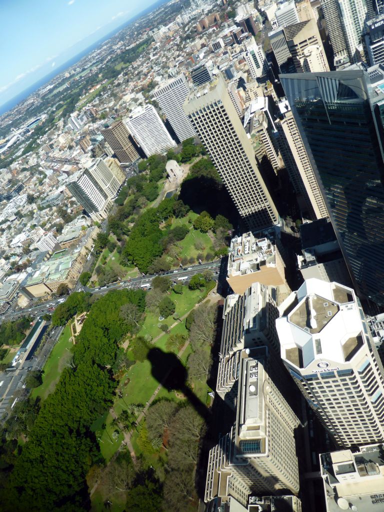 Hyde Park with the ANZAC War Memorial and skyscrapers in the city center, viewed from the Sydney Tower