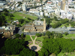 Hyde Park with the Archibald Fountain, St. Mary`s Cathedral, the Land Titles Office and the Domain park, viewed from the Sydney Tower