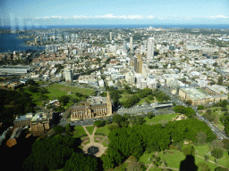 Hyde Park with the Archibald Fountain, St. Mary`s Cathedral, the Land Titles Office, the Domain park, the Art Gallery of New South Wales and the Sydney Harbour, viewed from the Sydney Tower