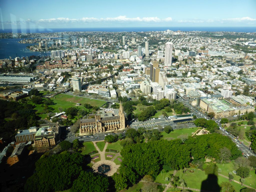 Hyde Park with the Archibald Fountain, St. Mary`s Cathedral, the Land Titles Office, the Domain park, the Art Gallery of New South Wales and the Sydney Harbour, viewed from the Sydney Tower