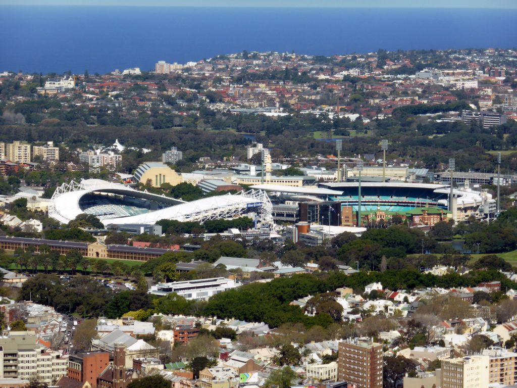 The Allianz Stadium, the Sydney Cricket Ground, the Centennial Park and the coastline, viewed from the Sydney Tower