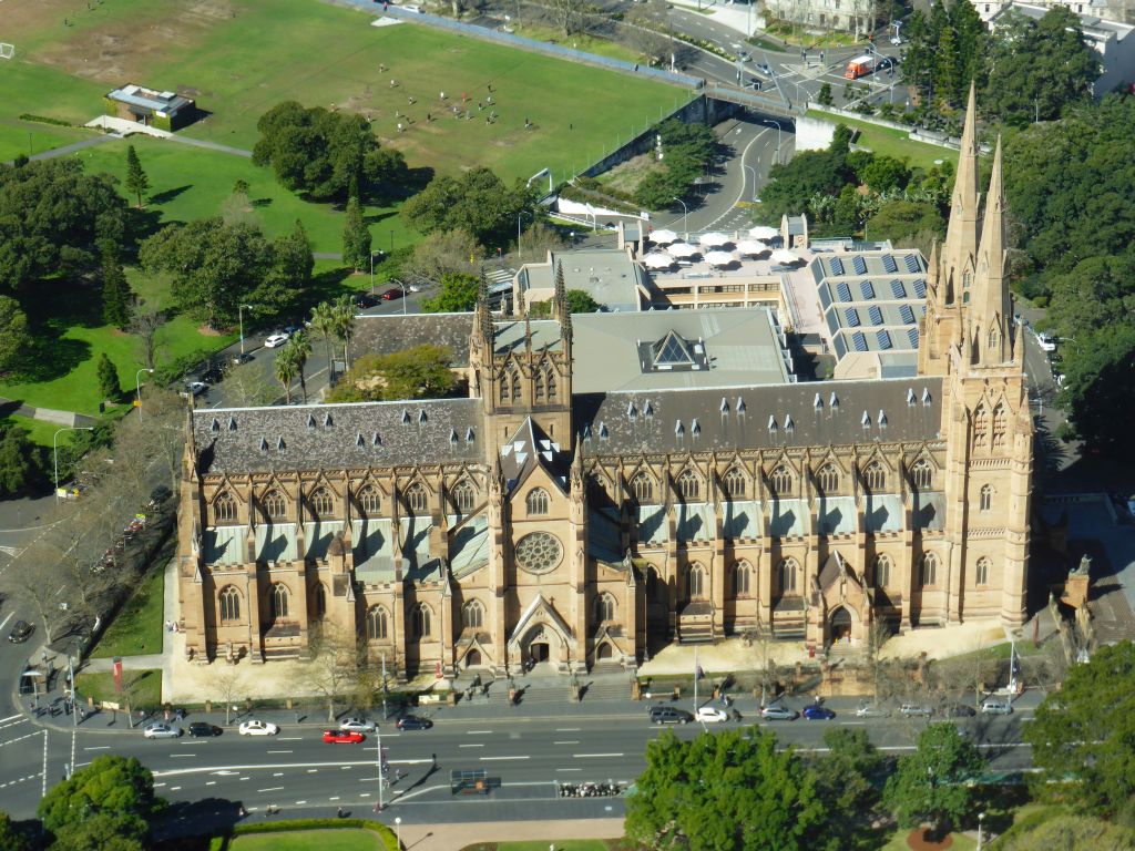 St. Mary`s Cathedral and the Domain park, viewed from the Sydney Tower