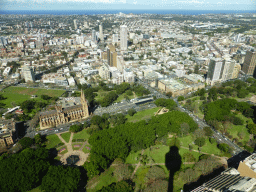 Hyde Park with the Archibald Fountain, St. Mary`s Cathedral, the Land Titles Office and the Domain park, viewed from the Sydney Tower
