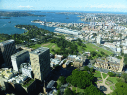 Hyde Park with the Archibald Fountain, St. Mary`s Cathedral, Hyde Park Barracks, the Land Titles Office, the Domain park, the Royal Botanic Gardens, the Art Gallery of New South Wales, the Finger Wharf and the Sydney Harbour, viewed from the Sydney Tower