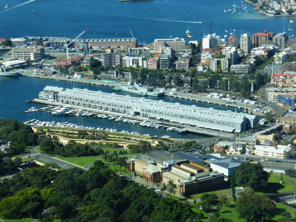 The Art Gallery of New South Wales, the Finger Wharf, the Domain park and the Sydney Harbour, viewed from the Sydney Tower