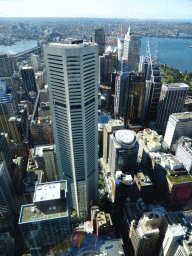 The MLC Centre and other skyscrapers in the city center, the Sydney Harbour, the Sydney Opera House, the Sydney Harbour Bridge and the Royal Botanic Gardens, viewed from the Sydney Tower