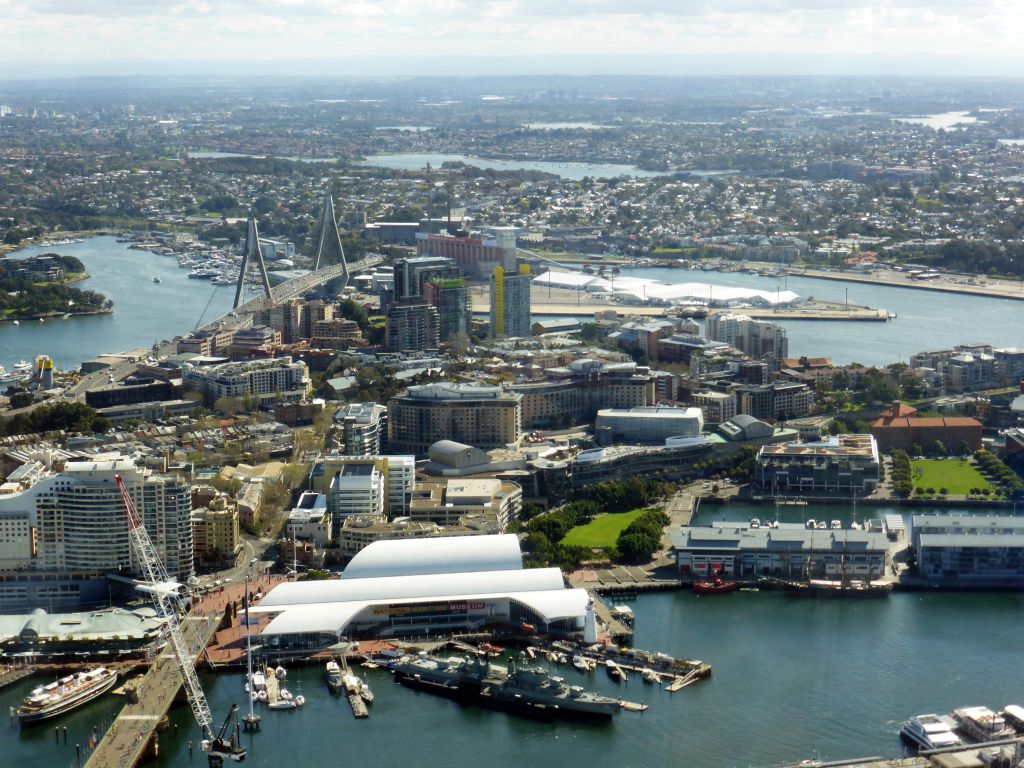 Darling Harbour, Pyrmont Bay, the Pyrmont Bridge over Cockle Bay, the Australian National Maritime Museum, Blackwattle Bay and the Anzac Bridge Sydney over Johnstons Bay, viewed from the Sydney Tower