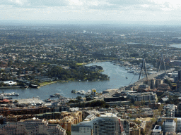The Anzac Bridge Sydney over Johnstons Bay, Blackwattle Bay and Rozelle Bay, viewed from the Sydney Tower