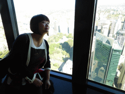 Miaomiao at the Sydney Tower, with a view on Hyde Park with the ANZAC War Memorial and skyscrapers in the city center