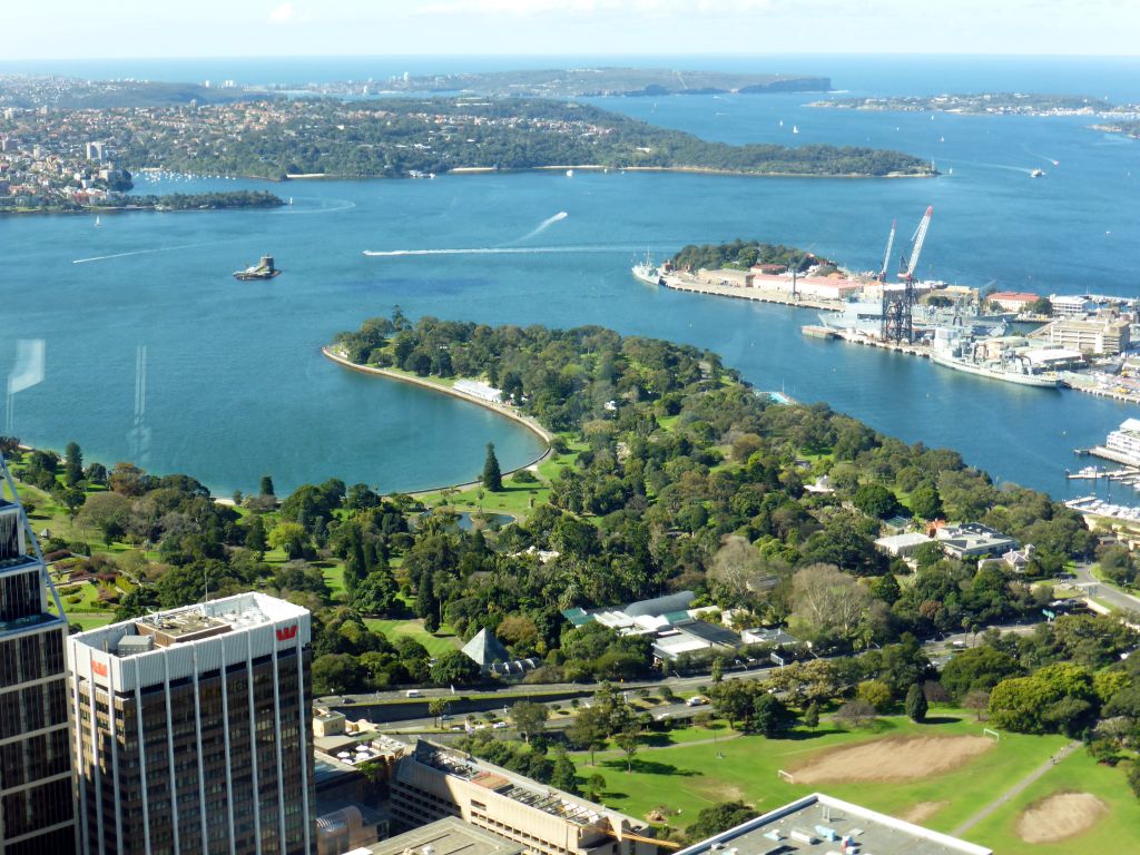 The Royal Botanic Gardens, Fort Denison in the Sydney Harbour, Garden Island, the Bradley`s Head headland, Port Jackson, the South Head headland and the North Head headland, viewed from the Sydney Tower