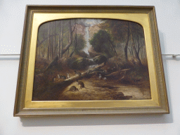 Painting `Bush landscape with waterfall and an aborigine stalking native animals` by John Skinner Prout, at the Ground Floor of the Art Gallery of New South Wales