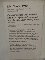 Explanation on the painting `Bush landscape with waterfall and an aborigine stalking native animals` by John Skinner Prout, at the Ground Floor of the Art Gallery of New South Wales