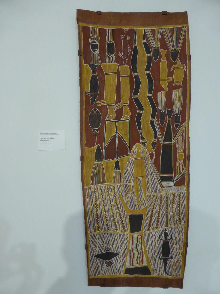 Tapestry `The Thunder Spirits (Birimbira)` by Munggurrawuy Yunupingu, at the Ground Floor of the Art Gallery of New South Wales, with explanation