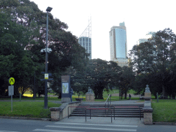 East entrance to the Domain park at the Art Gallery Road, and skyscrapers in the city cenyer