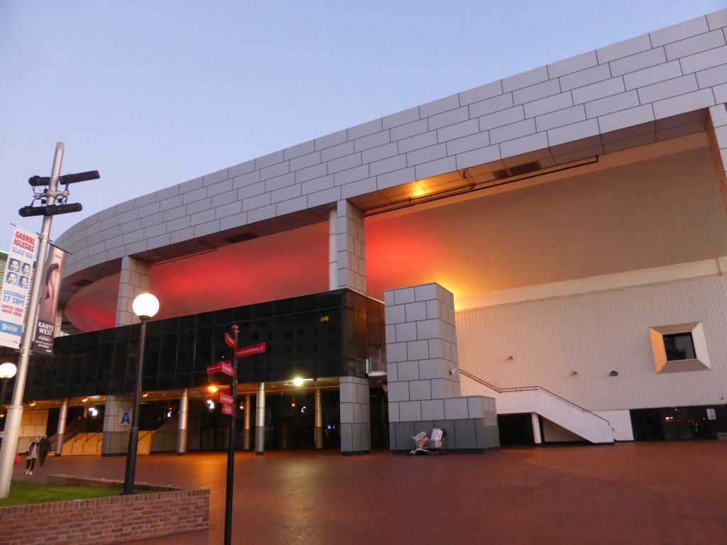 North side of the Qantas Credit Union Arena at Little Pier Street, at sunset