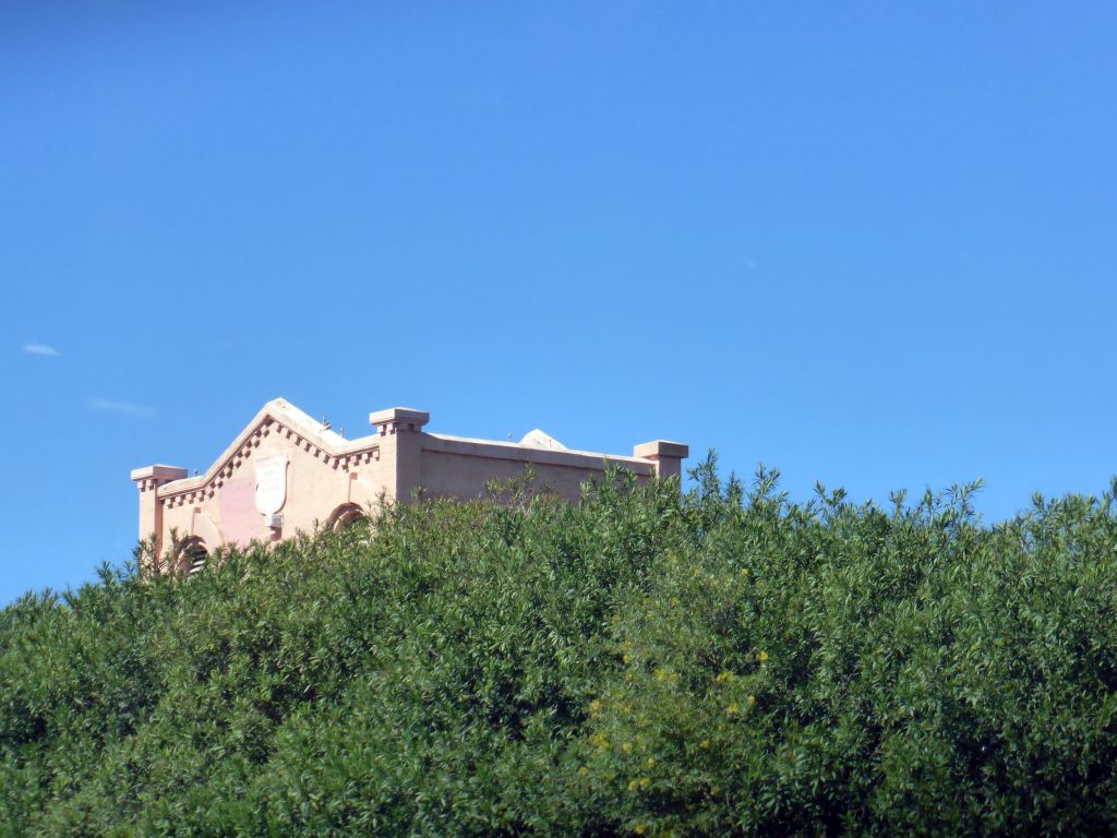 Top of a building and trees along Oxford Street, viewed from the bus from the city center to Bondi Beach