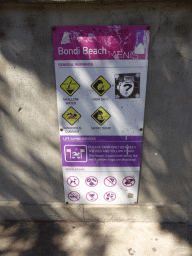Sign with warnings and regulations at Bondi Beach