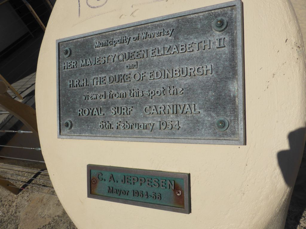 Sign at the spot where Queen Elizabeth II viewed the Royal Surf Carnival at Bondi Beach