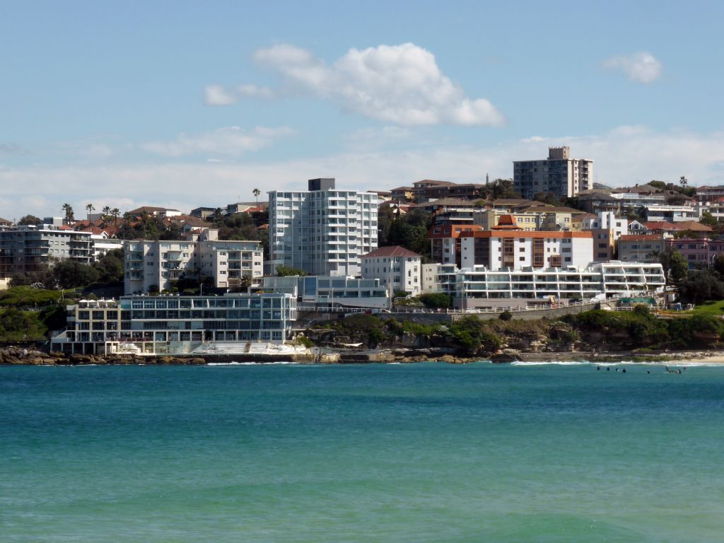 Buildings at the southwest side of Bondi Beach, with the Bondi Icebergs Club, viewed from the North Bondi Rocks