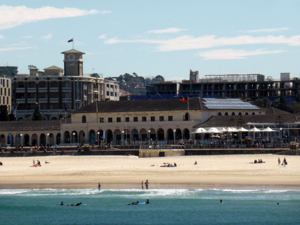 Hotel Bondi, the Bondi Pavilion and Bondi Beach, viewed from the North Bondi Rocks