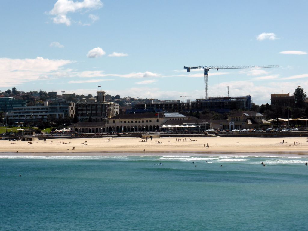 Hotel Bondi, the Bondi Pavilion and Bondi Beach, viewed from the Ray O`Keefe Reserve