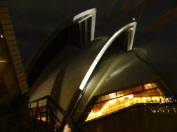 The northwest side of the Sydney Opera House, viewed from the Northern Foyer of the Joan Sutherland Theatre at the Sydney Opera House, by night