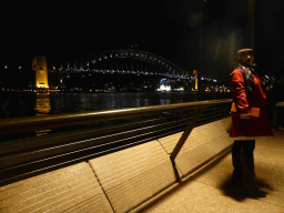 Miaomiao at the Circular Quay E street, with a view on the Sydney Cove, the Sydney Harbour Bridge and Luna Park Sydney, by night