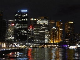 The Sydney Cove, the Circular Quay Wharf, the Circular Quay Railway Station and skyscrapers at the city center, viewed from the Circular Quay E street