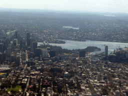 Skyscrapers at the city center, the Sydney Harbour, the Sydney Harbour Bridge, the Sydney Opera House, Garden Island, Fort Denison and the Finger Wharf, viewed from the airplane to Melbourne