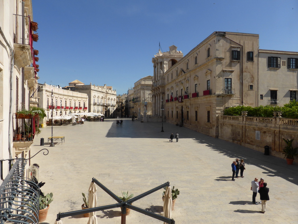 The Piazza Duomo square with the Duomo di Siracusa cathedral and the Archbisshop`s See, viewed from the balcony of the Palazzo Borgia del Casale palace