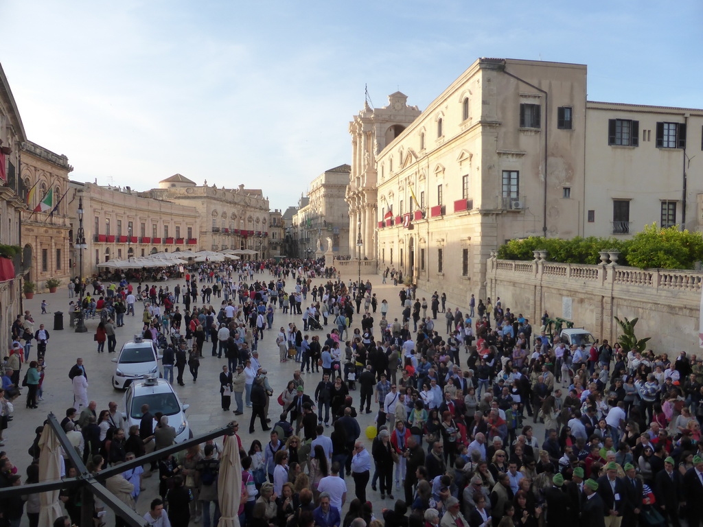 The Piazza Duomo square with the Duomo di Siracusa cathedral and the Archbisshop`s See during the feast of St. Lucy, viewed from the balcony of the Palazzo Borgia del Casale palace