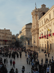 The Piazza Duomo square with the Duomo di Siracusa cathedral and the Archbisshop`s See during the feast of St. Lucy, viewed from the balcony of the Palazzo Borgia del Casale palace