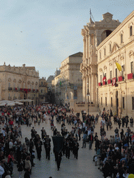 The Piazza Duomo square with the Duomo di Siracusa cathedral and the Archbisshop`s See during the feast of St. Lucy, viewed from the balcony of the Palazzo Borgia del Casale palace