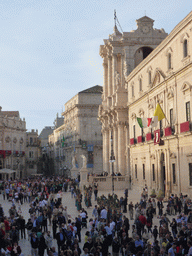 The Piazza Duomo square with the Duomo di Siracusa cathedral and the Archbisshop`s See during the feast of St. Lucy, viewed from the balcony of the Palazzo Borgia del Casale palace