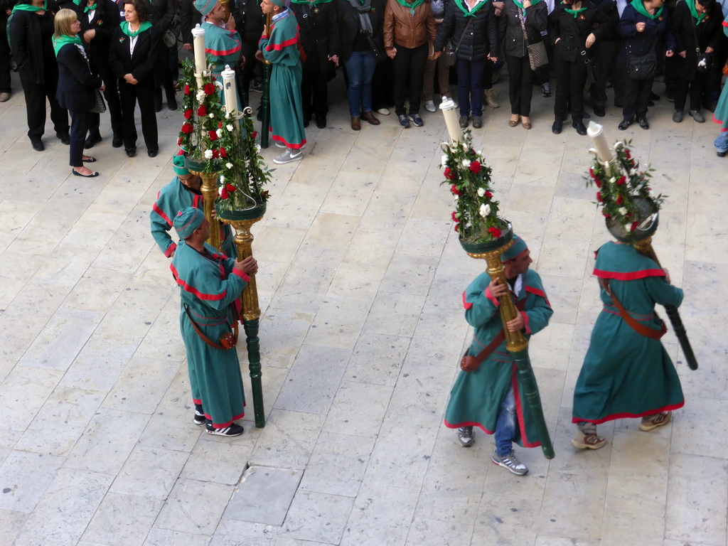 People preparing for the procession during the feast of St. Lucy at the Piazza Duomo Square, viewed from the balcony of the Palazzo Borgia del Casale palace