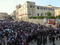 The Piazza Duomo square with the Duomo di Siracusa cathedral and the Archbisshop`s See during the feast of St. Lucy, viewed from the balcony of the Palazzo Borgia del Casale palace
