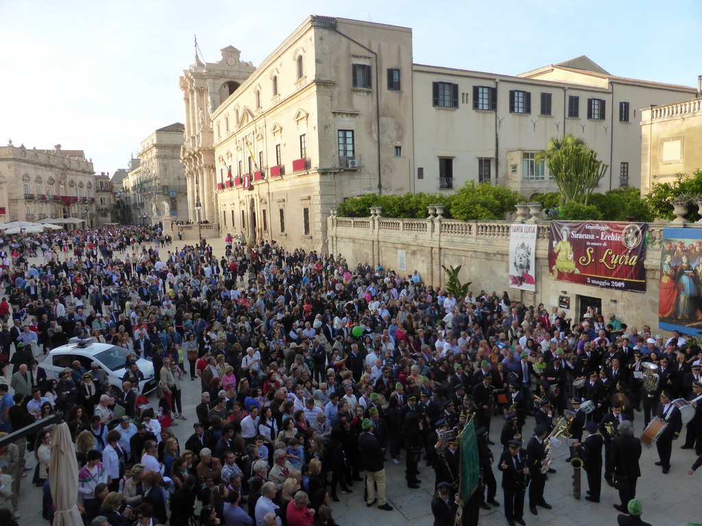 The Piazza Duomo square with the Duomo di Siracusa cathedral and the Archbisshop`s See during the feast of St. Lucy, viewed from the balcony of the Palazzo Borgia del Casale palace