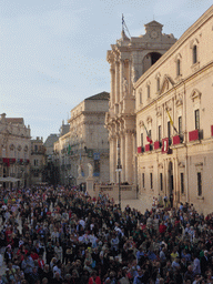 The Piazza Duomo square with the Duomo di Siracusa cathedral and the Archbisshop`s See during the feast of St. Lucy, viewed from the balcony of the Palazzo Borgia del Casale palace