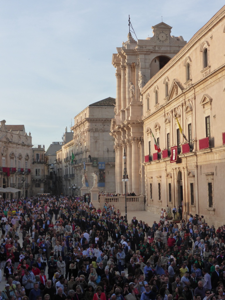 The Piazza Duomo square with the Duomo di Siracusa cathedral and the Archbisshop`s See during the feast of St. Lucy, viewed from the balcony of the Palazzo Borgia del Casale palace