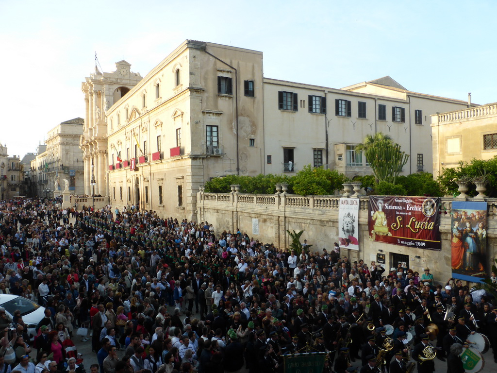 The Piazza Duomo square with the Duomo di Siracusa cathedral and the Archbisshop`s See during the feast of St. Lucy, viewed from the balcony of the Palazzo Borgia del Casale palace