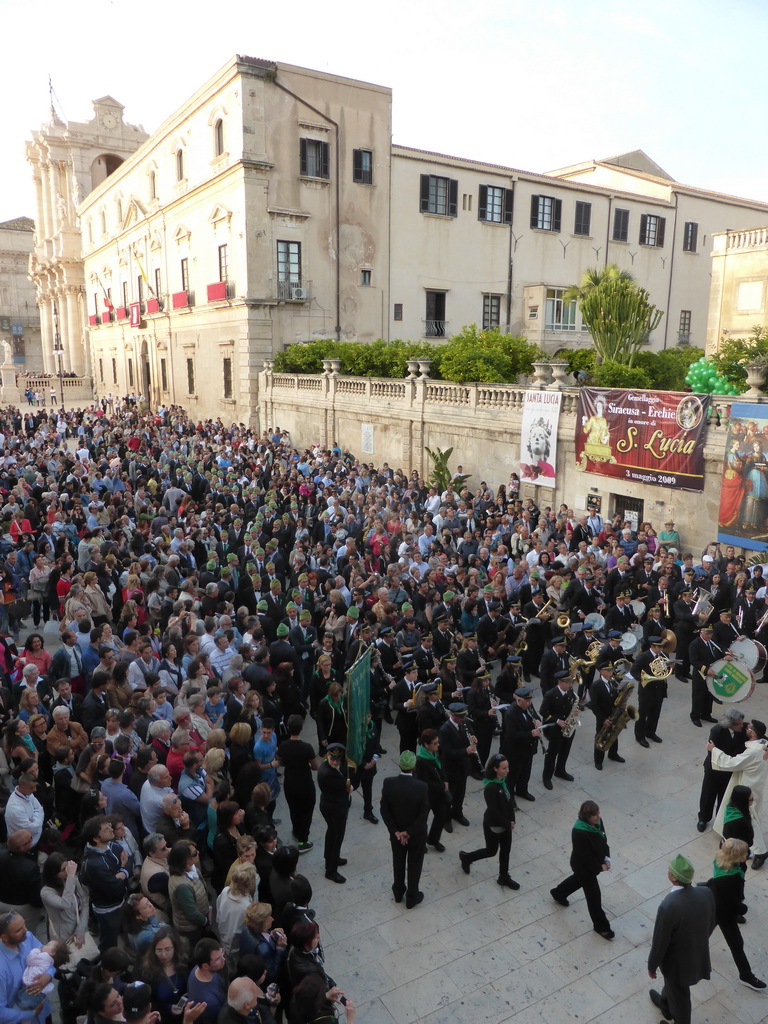 The Piazza Duomo square with the Duomo di Siracusa cathedral and the Archbisshop`s See during the feast of St. Lucy, viewed from the balcony of the Palazzo Borgia del Casale palace