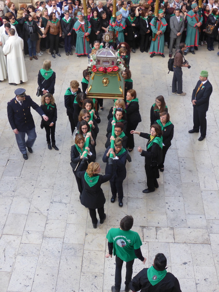 Relics of St. Lucy carried around in the procession during the feast of St. Lucy at the Piazza Duomo Square, viewed from the balcony of the Palazzo Borgia del Casale palace